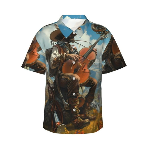 Haiem Western Guitar Cowboy Printed Hawaiian Shirt for Men - Men’s Casual Beach Summer Shirts - Stretch Fabric with Modern Fit-Medium