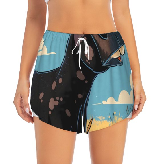 Haiem Whimsical Cartoon Cow Women's 2 in 1 Running Shorts - Lightweight Athletic Workout Gym Yoga Breathable Sports Shorts Liner with Phone Pockets-Large