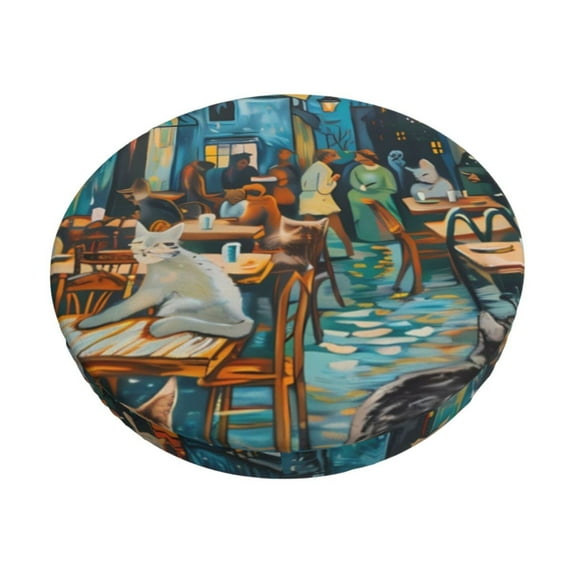 Haiem Whimsical Cats Night Cafe Print Cushion Round Bar Chair Seat Cover Bar Chair Cushion Covers Elastic Washable Bar Chair Cover,Protects from Scratches and Stains-14 inch
