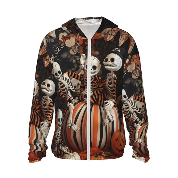 Haiem Whimsical Halloween Skeletons UPF 50+ Fishing Shirts for Men Long Sleeve UV Sun Protection Hoodie Non-Mask Outdoor Hiking Shirts
