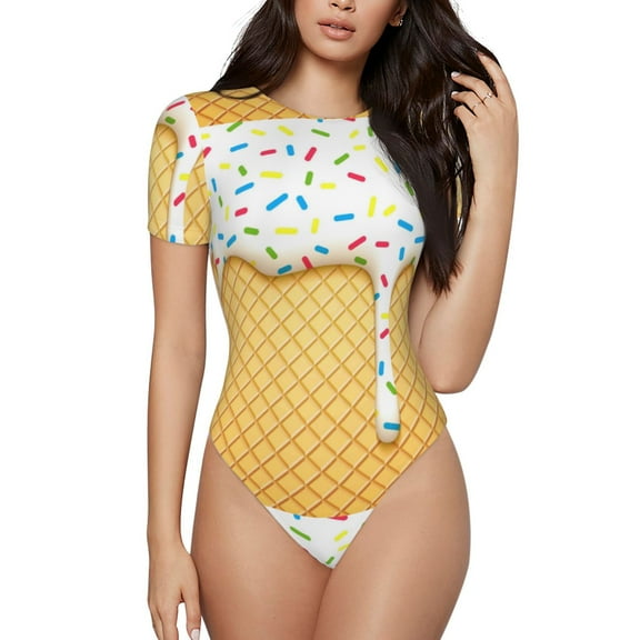 Haiem White Ice Cream Women's Crew Neck Short Sleeve Bodysuit Tops Stretchy Slim Basic-Medium