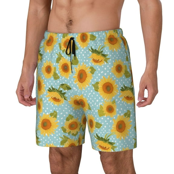 Haiem White Polka Dot Sunflower A Mens Swim Trunks with Compression Liner 2 in 1 Swimming Shorts Stretch Swimwear Quick Dry,Board Shorts-Small