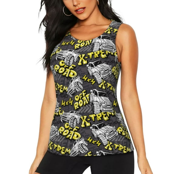 Haiem White Retro Off-Road Vehicle Printed Women's Workout Tank Top, Quick-Dry Sleeveless Gym Shirt, Breathable Lightweight Athletic Top for Running, Yoga, and Casual Wear-X-Large