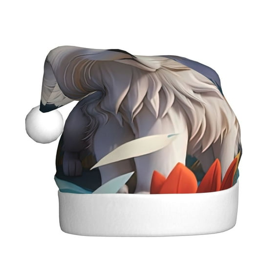 Haiem White Wolf With Flowers Pattern Santa Hat Confortable Velvet Christmas Hat for Christmas Party Favors Fit for Adults Men Women
