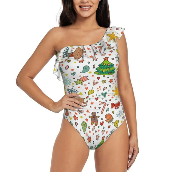 Haiem Winter Christmas And New Year Deer Women's One Piece Swimsuits Tummy Control One Shoulder Bathing Suits Ruffle Swimwear-Small