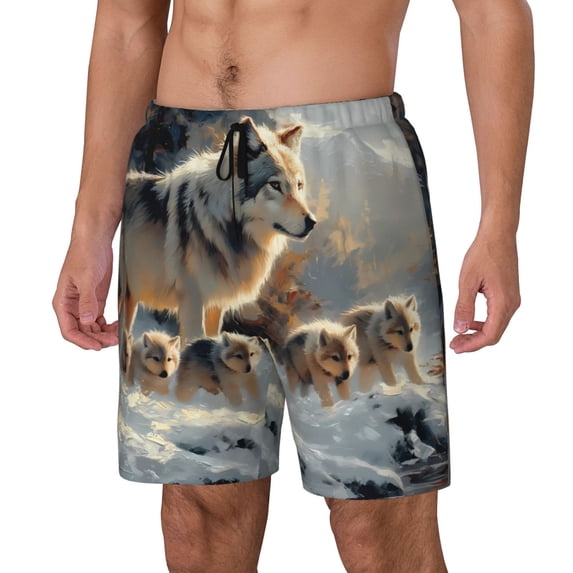 Haiem Wolf Family Winter Wonderland Mens Swim Trunks with Compression Liner 2 in 1 Swimming Shorts Stretch Swimwear Quick Dry,Board Shorts-