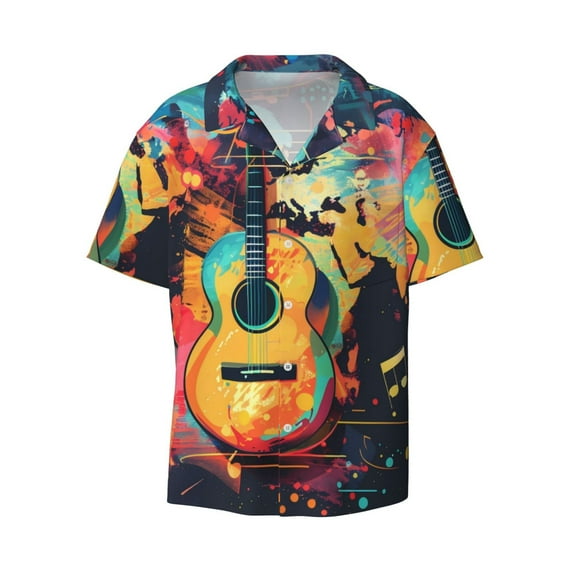 Haiem World Map Guitar Illustration Men's Casual Shirts Short Sleeve Button Down Shirts Fashion Textured Summer Beach Shirt-Small