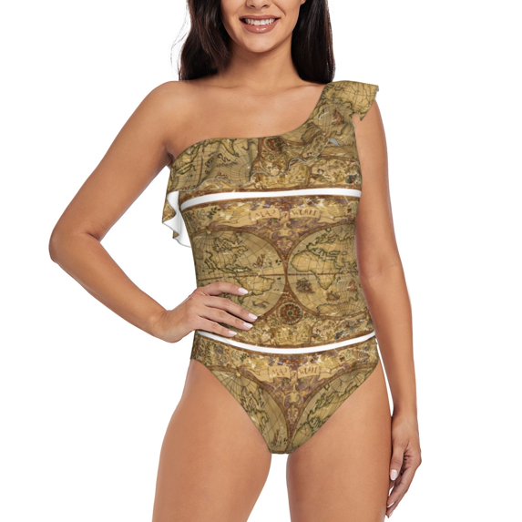 Haiem World Map1 Women's One Piece Swimsuits Tummy Control One Shoulder Bathing Suits Ruffle Swimwear-XX-Large