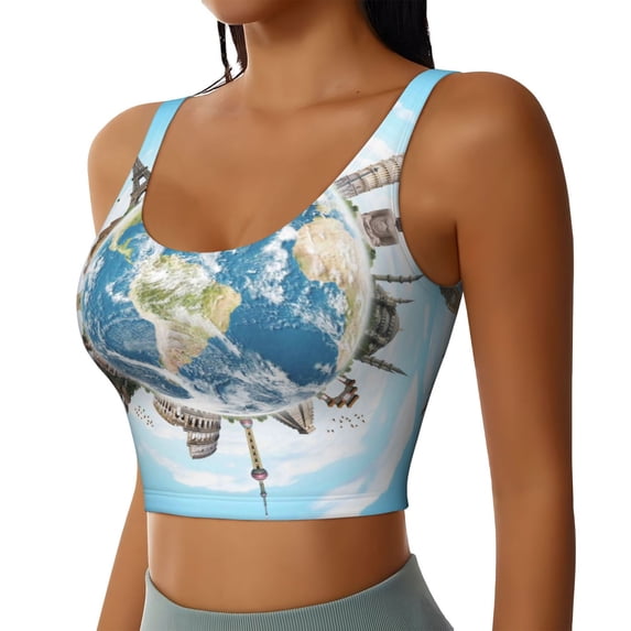 Haiem World Travel Pattern Womens Sports Bra - U Neck Padded Low Impact Yoga Bra Workout Crop Top Gym Moisture-Wicking Workout Vest -Medium