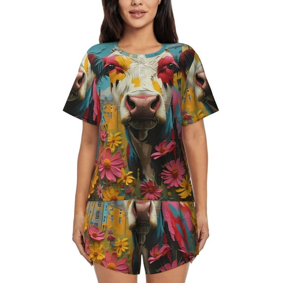Haiem Yellow Daisy Cow Pattern Pajama Set for Women 2 Piece Lounge Set Short Sleeve Tops and Shorts Soft Sleepwear-4X-Large