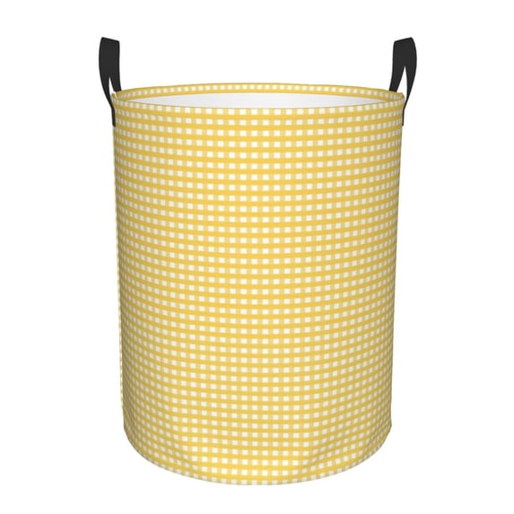 Haiem Yellow Gingham Leather Dirty Clothes Laundry Basket,Sturdy & Waterproof,Collapsible Round Design For Efficient Space Management,Multi-Purpose Storage Basket