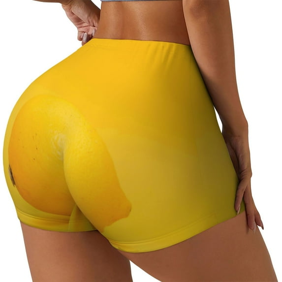 Haiem Yellow Lemon No Front Seam Biker Shorts for Women Yoga Workout Gym Bike Shorts with Tummy Control Moisture-Wicking-