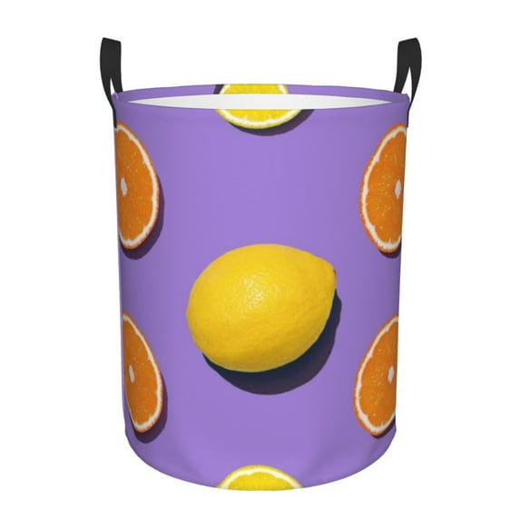 Haiem Yellow Lemon And Orange Leather Dirty Clothes Laundry Basket,Sturdy & Waterproof,Collapsible Round Design For Efficient Space Management,Multi-Purpose Storage Basket