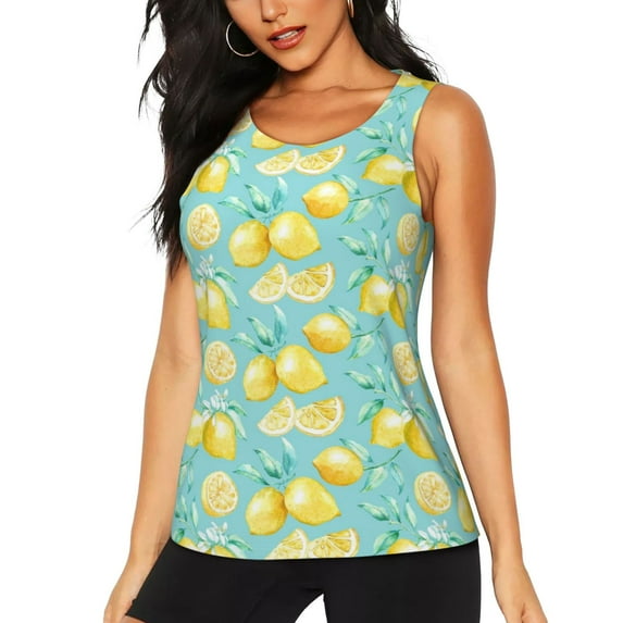 Haiem Yellow Lemon Printed Women's Workout Tank Top, Quick-Dry Sleeveless Gym Shirt, Breathable Lightweight Athletic Top for Running, Yoga, and Casual Wear-X-Large