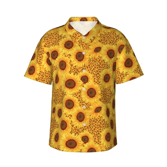 Haiem Yellow Leopard Print Sunflower Printed Hawaiian Shirt for Men - Men’s Casual Beach Summer Shirts - Stretch Fabric with Modern Fit-X-Large