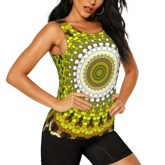 Haiem Yellow Mandala Workout Tank Tops for Women, Athletic Sports Slim-Fit Tank Tops, Compression Sleeveless Dry Fit Shirts,Athletic Shirt-Medium