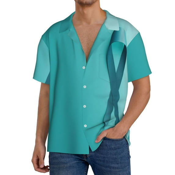 Haiem a Teal Ribbonin Pattern Men's Casual Shirts Short Sleeve Button Down Shirts Fashion Textured Summer Beach Shirt-4X-Large