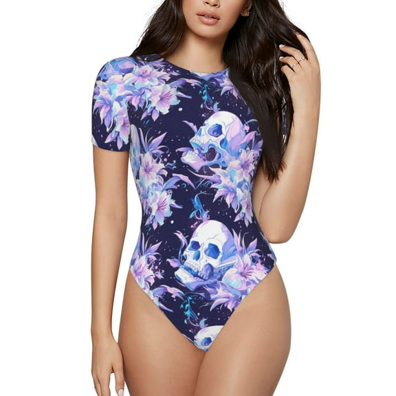 Haiem blue starry sky Skull flower Women's Crew Neck Short Sleeve Bodysuit Tops Stretchy Slim Basic-XX-Large