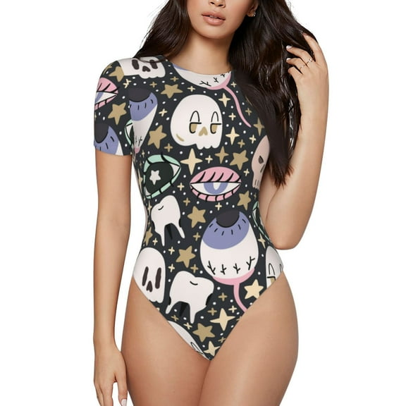 Haiem cartoon cute Skull star Women's Crew Neck Short Sleeve Bodysuit Tops Stretchy Slim Basic-Medium