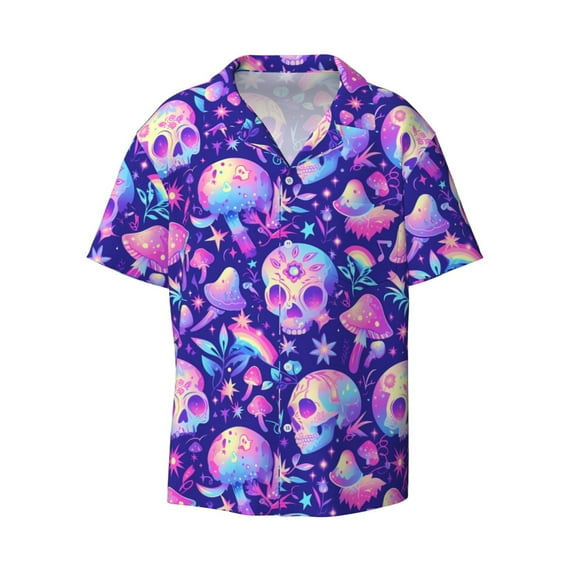 Haiem colorful mushroom Skull rainbow Men's Casual Shirts Short Sleeve Button Down Shirts Fashion Textured Summer Beach Shirt-3X-Large