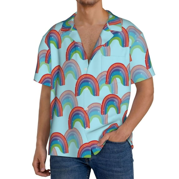 Haiem colorful rainbow Pattern Men's Casual Shirts Short Sleeve Button Down Shirts Fashion Textured Summer Beach Shirt-Large