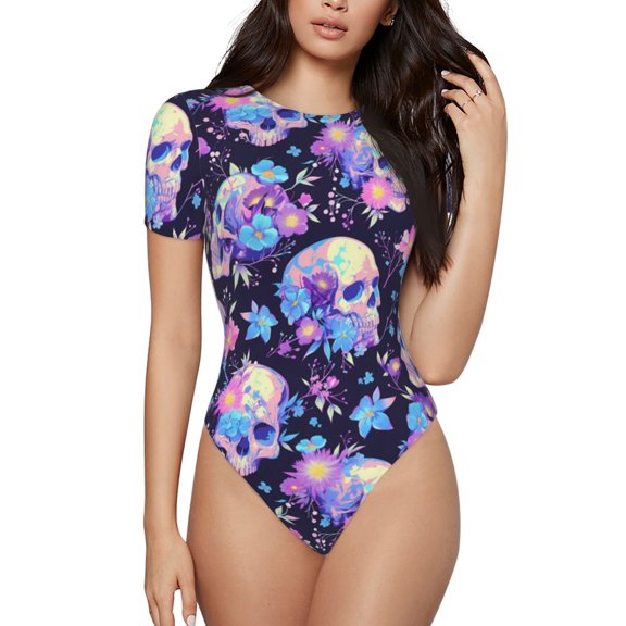 Haiem cool flower Skull Women's Crew Neck Short Sleeve Bodysuit Tops Stretchy Slim Basic-Small