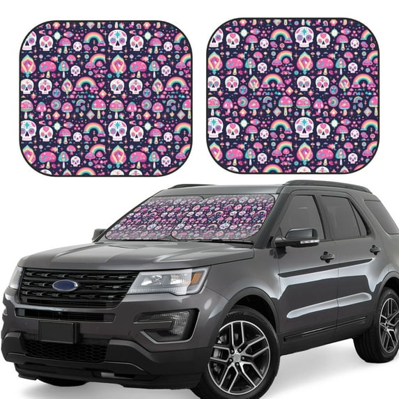 Haiem cute Skull rainbow mushroom Car Windshield Sun Shade (2 Pieces) Foldable Windshield Sun Shade Car Accessories for Truck SUV Pickup-Medium