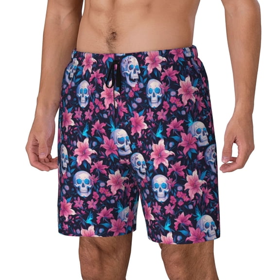Haiem funny Skull daisy flower Mens Swim Trunks with Compression Liner 2 in 1 Swimming Shorts Stretch Swimwear Quick Dry,Board Shorts-Small