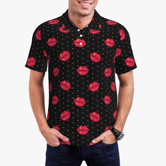 Haiem red lips Pattern Mens Polo Shirts Quick Dry Short Sleeve Golf T Shirt Performance Moisture Wicking Casual Workout-