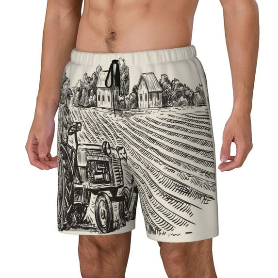 Haiem retro tractor Pattern Mens Swim Trunks with Compression Liner 2 in 1 Swimming Shorts Stretch Swimwear Quick Dry,Board Shorts-Medium
