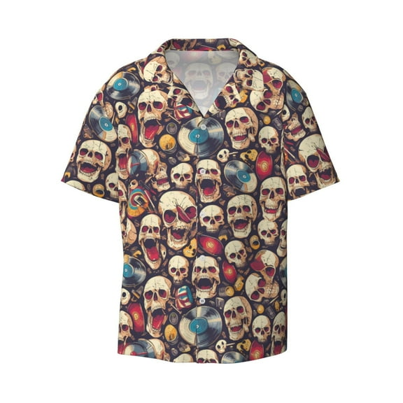 Haiem rock record music Skull Men's Casual Shirts Short Sleeve Button Down Shirts Fashion Textured Summer Beach Shirt-Medium