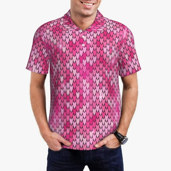 Haiem shiny with pink heart Pattern Mens Polo Shirts Quick Dry Short Sleeve Golf T Shirt Performance Moisture Wicking Casual Workout-X-Large