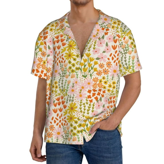 Haiem wild meadow flowers Pattern Men's Casual Shirts Short Sleeve Button Down Shirts Fashion Textured Summer Beach Shirt-3X-Large
