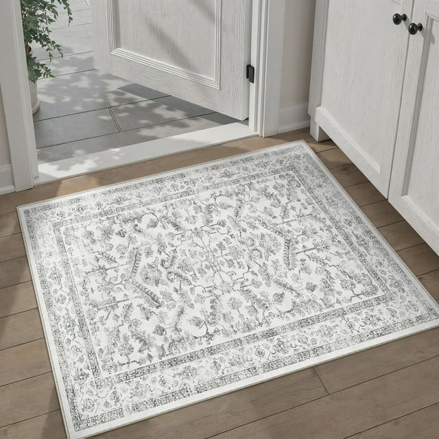 BERTHMEER 2'x3' Entry Rug Door Mat Washable Small Rugs Distressed Vintage Oriental Traditional Rug Soft Indoor Gray Noneslip Throw Rug for Bedroom Entryway Bathroom Kitchen Farmhouse, Gray