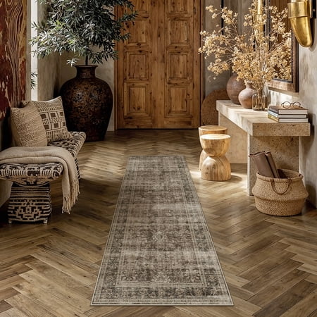 BERTHMEER 2'x6' Runner Rugs for Floor Washable Non-slip Runner Rugs for Kitchen Laundry Room Distressed Vintage Oriental Traditional Soft Indoor Brown Runner Rugs for Hallway, Brown