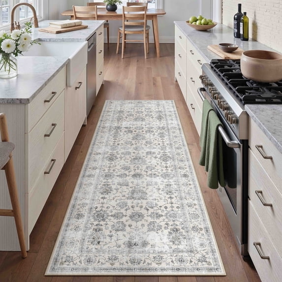 BERTHMEER 2'x6' Runner Rugs for Floor Washable Non-slip Runner Rugs for Kitchen Laundry Room Distressed Vintage Oriental Traditional Soft Indoor Gray Runner Rugs for Hallway, Gray