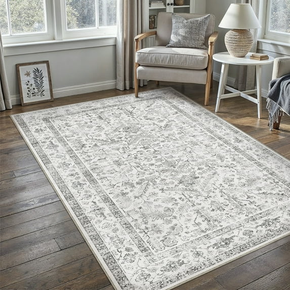 BERTHMEER 3'x5' Area Rug for Living Room Machine Washable Bedroom Rugs Distressed Vintage Oriental Traditional Print Throw Gray Rug for Dining Room Farmhouse Nonsilp Carpet, Gray