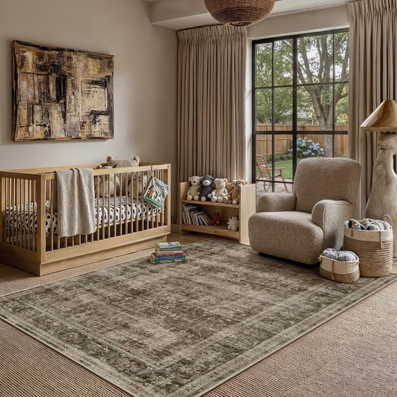 BERTHMEER 3'x5' Area Rug for Living Room Washable Throw Rugs Distressed Vintage Oriental Traditional Print Brown Rug for Dining Room Farmhouse Nonsilp Carpet, Brown