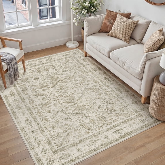 BERTHMEER 4'x6' Area Rug for Living Room Machine Washable Bedroom Rugs Distressed Vintage Oriental Traditional Print Beige Rug for Dining Room Farmhouse Nonsilp Carpet, Beige
