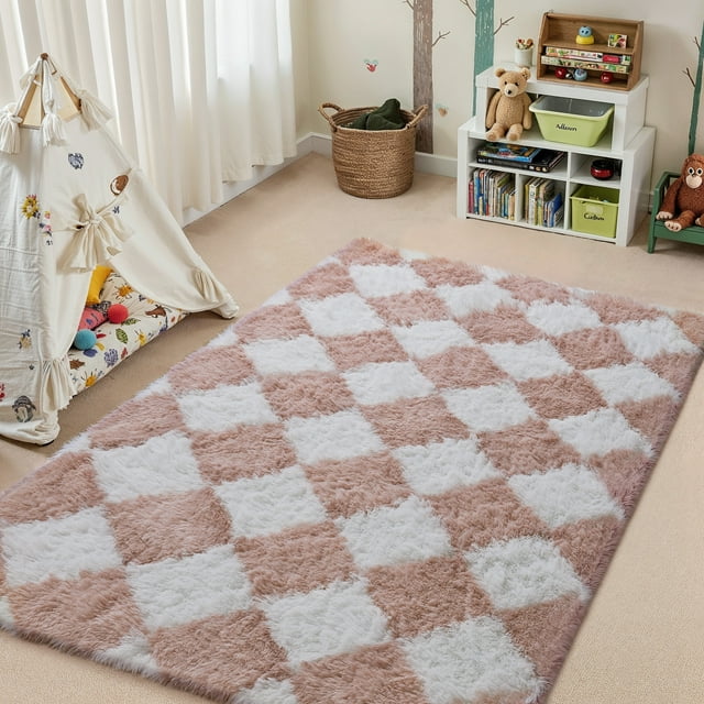 BERTHMEER 4'x6' Checkered Shag Area Rug for Living Room, Modern Pink and White Non-Slip Ultra-Soft Indoor Fluffy Rugs for Bedroom Carpet Home Dorm Aesthetic Decor, Pink&White