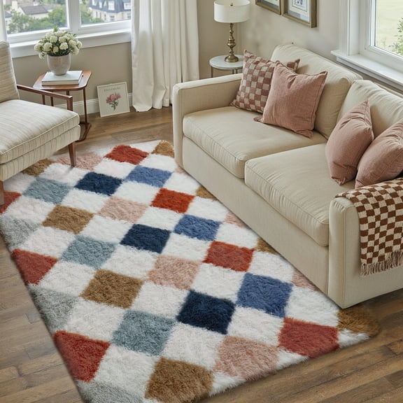 BERTHMEER 4'x6' Checkered Shag Area Rug for Living Room, Modern Rainbow Non-Slip Ultra-Soft Indoor Fluffy Rugs for Bedroom Carpet Home Dorm Aesthetic Decor, Colorful