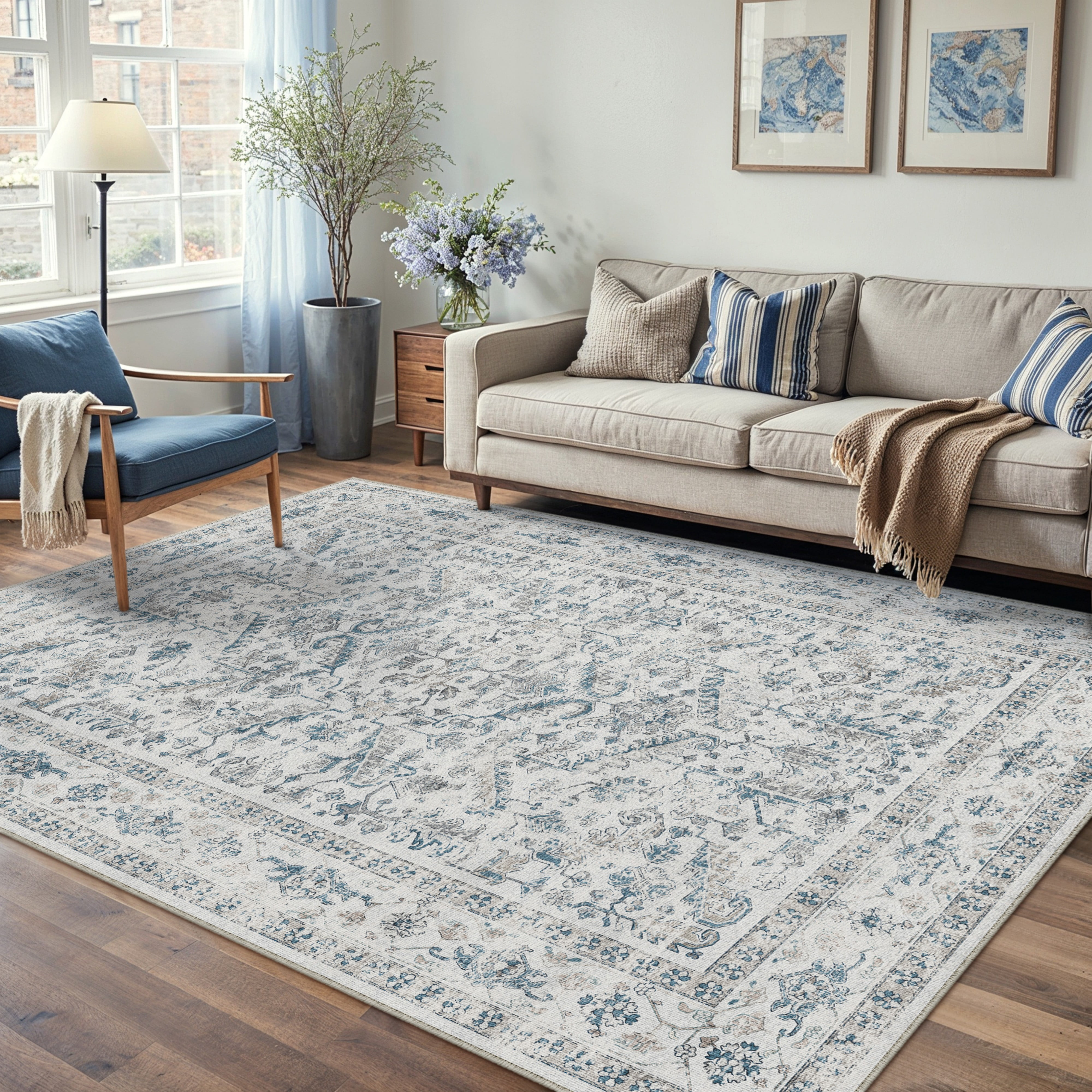 BERTHMEER 5'x7' Area Rug for Living Room Machine Washable Bedroom Rugs Distressed Vintage Oriental Traditional Print Blue Rug for Dining Room Farmhouse Nonsilp Carpet, Blue