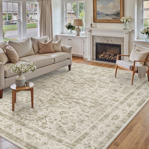 BERTHMEER 5'x7' Area Rug for Living Room Machine Washable Bedroom Rugs Distressed Vintage Oriental Traditional Print Beige Rug for Dining Room Farmhouse Nonsilp Carpet, Beige