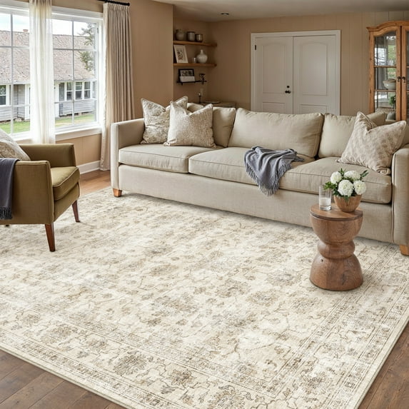 BERTHMEER 5'x7' Area Rugs for Living Room Washable Bedroom Rugs Distressed Vintage Oriental Traditional Print Low Pile Beige Rugs for Dining Room Farmhouse Nonsilp Carpet, Beige
