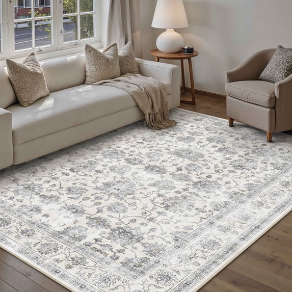 BERTHMEER 5'x7' Area Rugs for Living Room Washable Bedroom Rugs Distressed Vintage Oriental Traditional Print Low Pile Brown Rugs for Dining Room Farmhouse Nonsilp Carpet, Gray