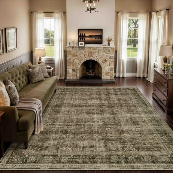 BERTHMEER 5'x7' Area Rugs for Living Room Washable Bedroom Rugs Distressed Vintage Oriental Traditional Print Low Pile Brown Rugs for Dining Room Farmhouse Nonsilp Carpet, Brown