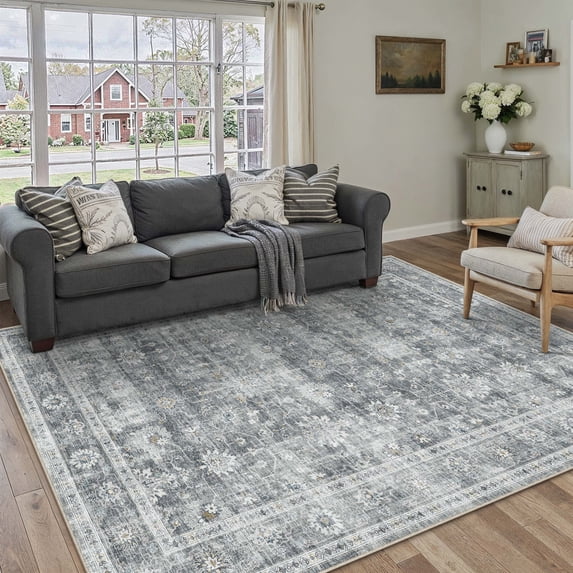 BERTHMEER 5'x7' Area Rugs for Living Room Washable Bedroom Rugs Distressed Vintage Oriental Traditional Print Low Pile Dusty Blue Rugs for Dining Room Farmhouse Nonsilp Carpet, Dusty Blue