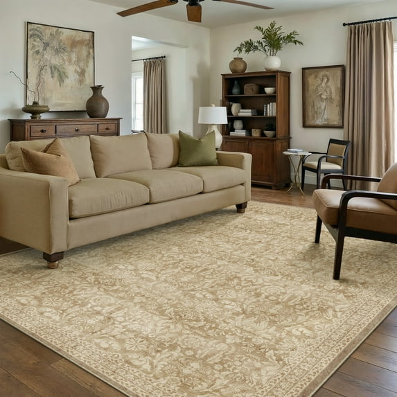 BERTHMEER 5'x7' Area Rugs for Living Room Washable Bedroom Rugs Distressed Vintage Oriental Traditional Print Light Brown Rug for Dining Room Farmhouse Non-Silp Stain Resistant Carpet, Light Brown