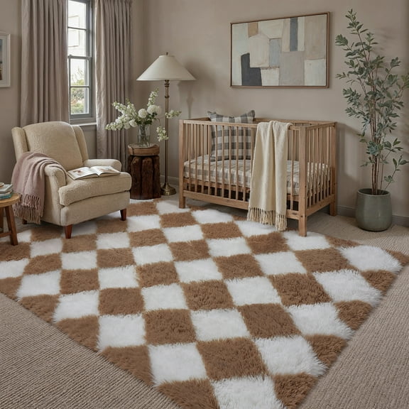 BERTHMEER 5'x7' Checkered Shag Area Rug for Living Room, Modern Brown and White Non-Slip Ultra-Soft Indoor Fluffy Rugs for Bedroom Carpet Home Dorm Aesthetic Decor, Brown&White