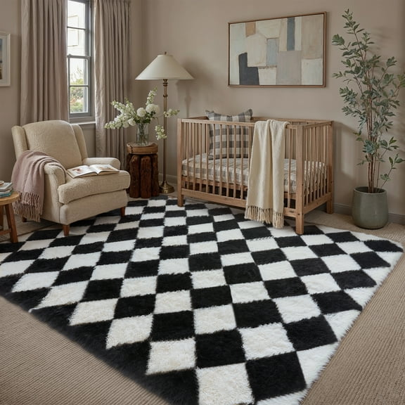 BERTHMEER 5'x8' Checkered Shag Area Rug for Living Room, Modern Black and White Non-Slip Ultra-Soft Indoor Fluffy Rugs for Bedroom Carpet Home Dorm Aesthetic Decor, Black&White